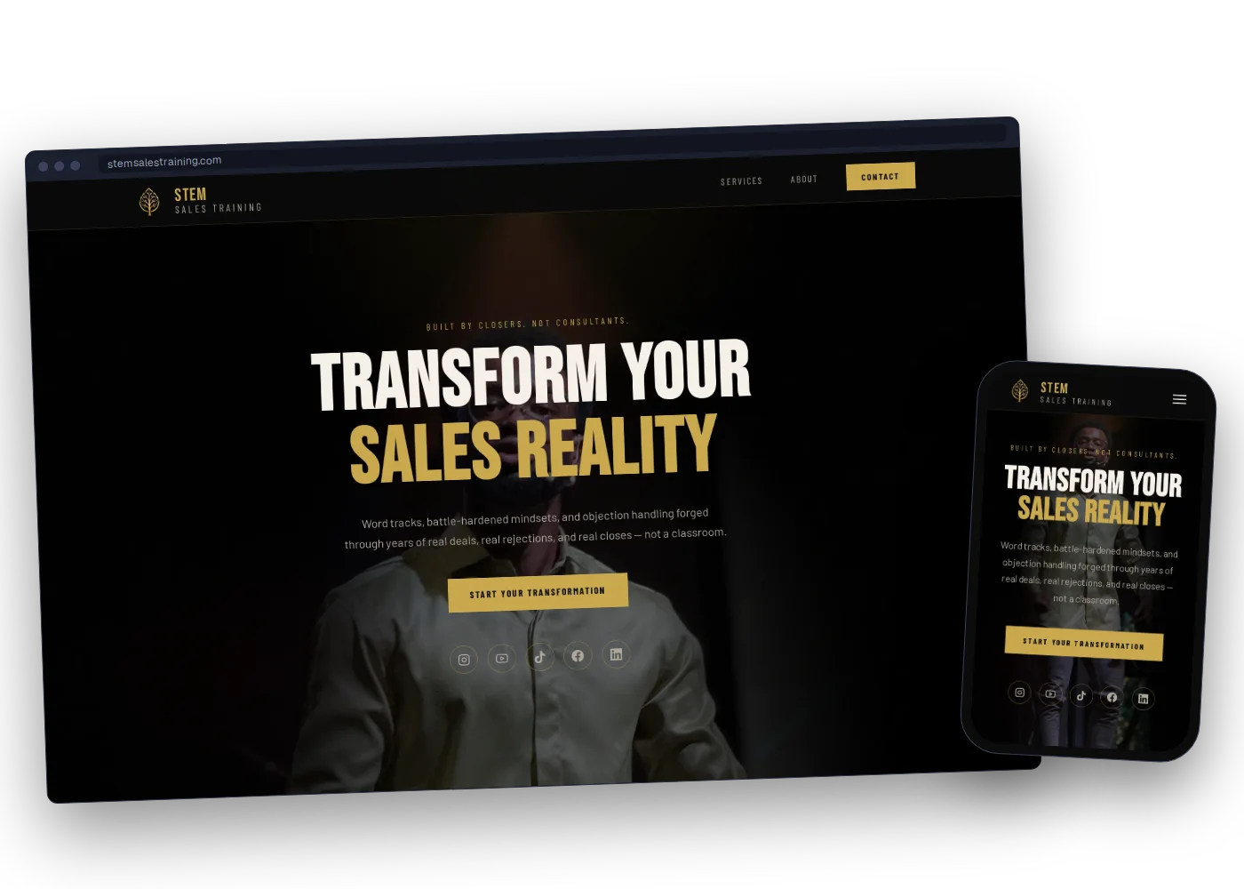 The Stem Sales Training site on desktop and mobile, with the prospecting tool's terminal output in front