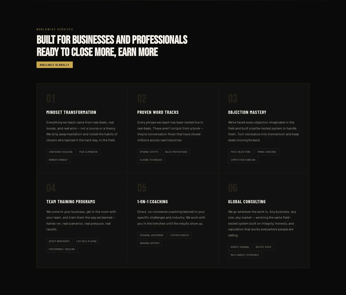 Services section: six service cards covering mindset, word tracks, objection handling, team programs, coaching, and consulting